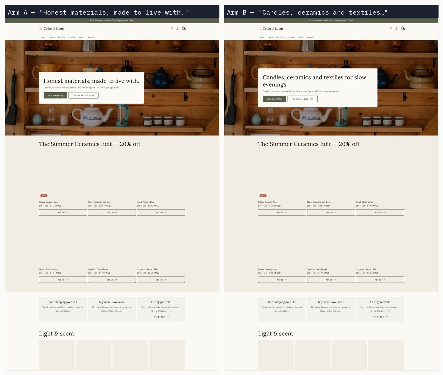 Homepage hero, arm A and arm B side by side
